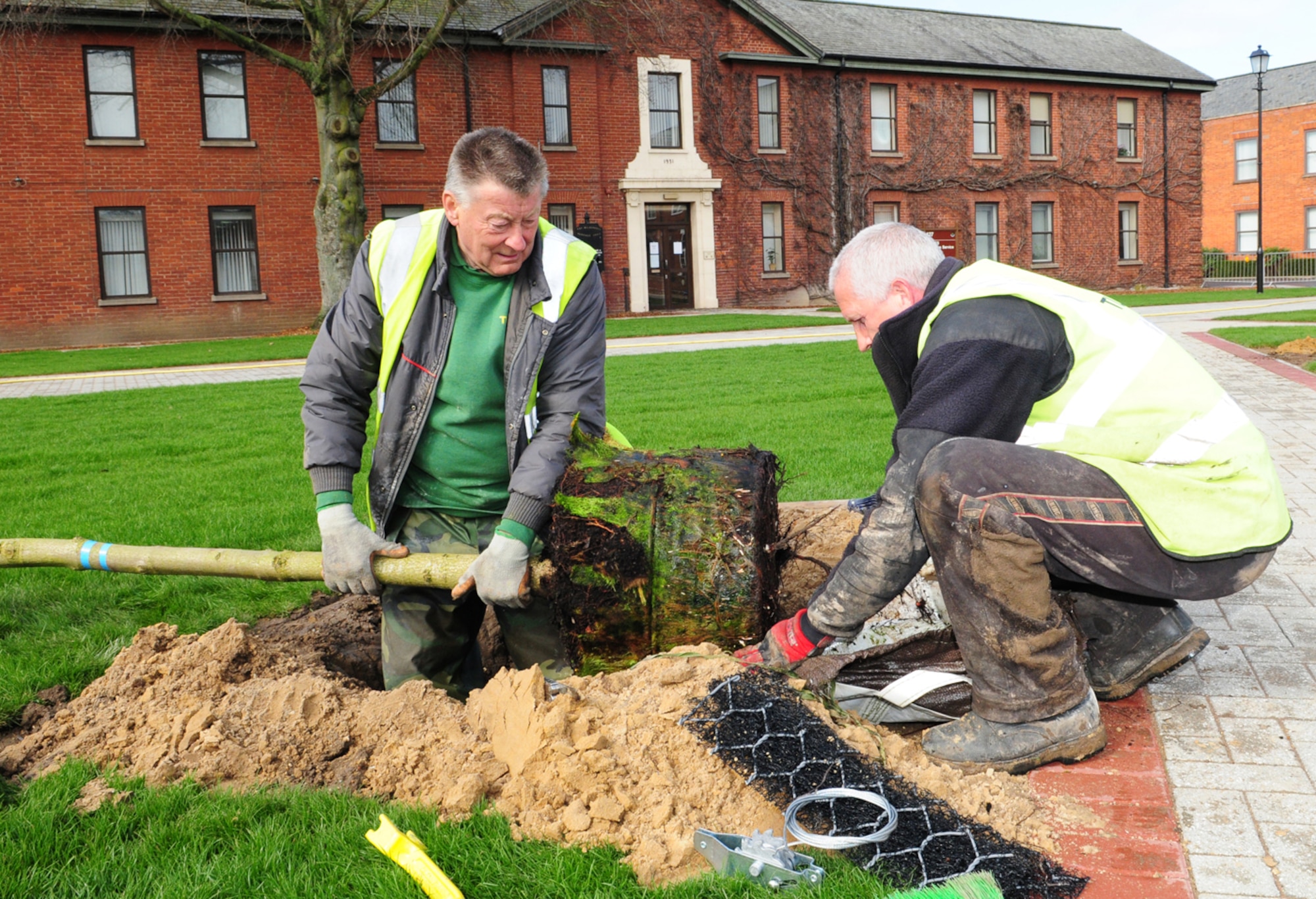 RAF MILDENHALL, England -- Having exposed the soil around the roots of a young tree, Des Cook and Charlie Robertson, both contractors, finish preparing the hole in which to plant it March 31, 2011. A lot of preparation is done before the trees can be placed in the holes; three concrete lintels are placed firmly at the bottom of the hole, then a metal cable is tied around each one, before being tightened with a metal ratchet. Each tree is then placed in the hole, before having special material put on top of it, and again being fastened with metal cables and tightened to firmly secure it. A watering tube is then put in before fertilizer and soil are used to fill the hole. This ensures the tree can be easily watered on a regular basis. (U.S. Air Force photo/Karen Abeyasekere)