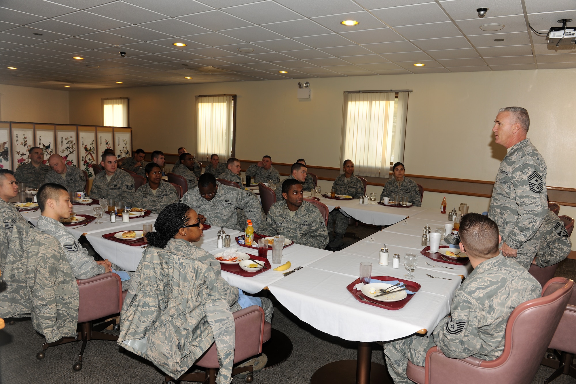 KUNSAN AIR BASE, Republic of Korea -- Chief Master Sgt. Brooke McLean, Pacific Air Forces command chief, speaks with Airmen here April 13. Chief McLean was here to talk about current issues, upcoming changes in the Air Force and the recent Operational Readiness Inspection results. (U.S. Air Force photo/Senior Airman Ciara Wymbs) 