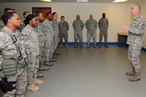KUNSAN AIR BASE, Republic of Korea- Command Chief Master Sgt. Brooke McLean, command chief master sergeant of Pacific Air Forces, speaks with 8th Security Forces Squadron Airmen about upcoming changes in the US Air Force while also addressing any questions the Airmen had for him during a visit to the base April 11.  CMSgt McLean also visited Osan Air Base while on his trip to Korea. (U.S. Air Force photo/Tech. Sgt. Jonathan Pomeroy) 