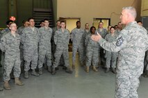 KUNSAN AIR BASE, Republic of Korea  -- Chief Master Sgt. Brooke McLean, Pacific Air Forces command chief, speaks with 8th Logistics Readiness Squadron Airmen about upcoming changes in the Air Force while also addressing any questions the Airmen had for him during a visit here April 11. Chief McLean also visited Osan Air Base while on his trip to Korea. (U.S. Air Force photo/Tech. Sgt. Jonathan Pomeroy) 