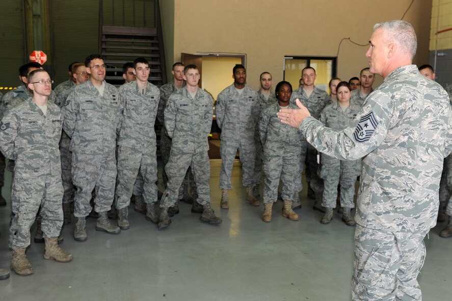 KUNSAN AIR BASE, Republic of Korea  -- Chief Master Sgt. Brooke McLean, Pacific Air Forces command chief, speaks with 8th Logistics Readiness Squadron Airmen about upcoming changes in the Air Force while also addressing any questions the Airmen had for him during a visit here April 11. Chief McLean also visited Osan Air Base while on his trip to Korea. (U.S. Air Force photo/Tech. Sgt. Jonathan Pomeroy) 