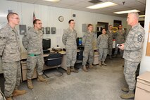 KUNSAN AIR BASE, Republic of Korea  -- Chief Master Sgt. Brooke McLean, Pacific Air Forces command chief, speaks with 8th Maintenance Group Airmen about upcoming changes in the Air Force while also addressing any questions the Airmen had for him during a visit here April 11. Chief McLean also visited Osan Air Base while on his trip to Korea. (U.S. Air Force photo/Tech. Sgt. Jonathan Pomeroy) 