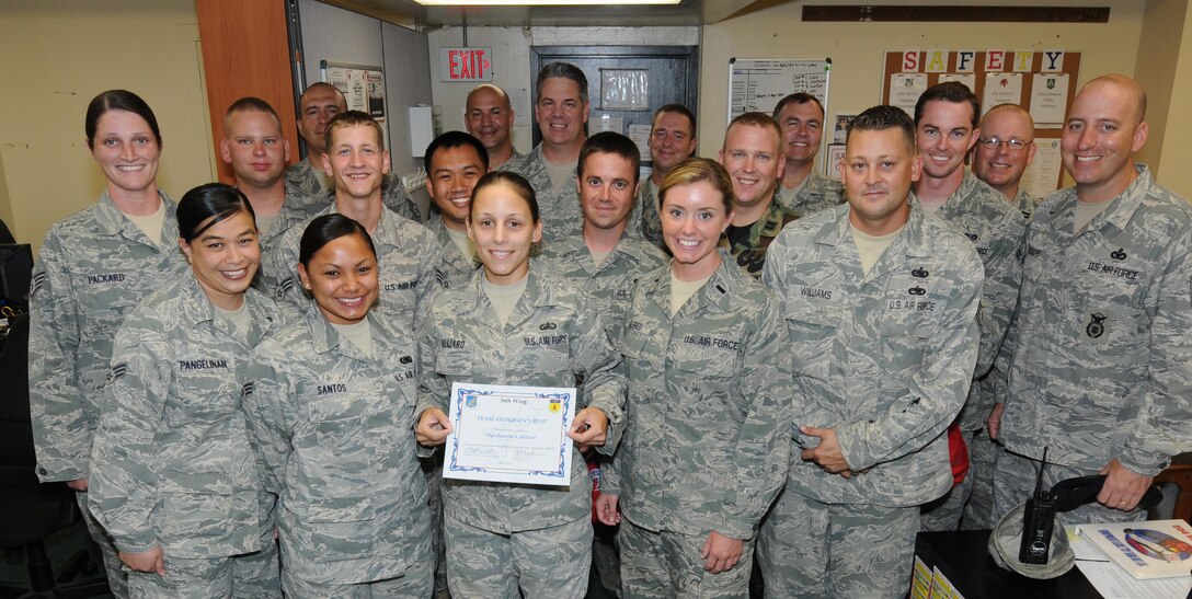 Tech. Sgt. Denielle Hilliard, 554 RED HORSE Squadron Services section chief was awarded Andersen's Best here April 6. Sergeant Hilliard received the award for her exceptional dedication to the United States Air Force and her community.(U.S. Air Force photo/Senior Airman Carlin Leslie) 

