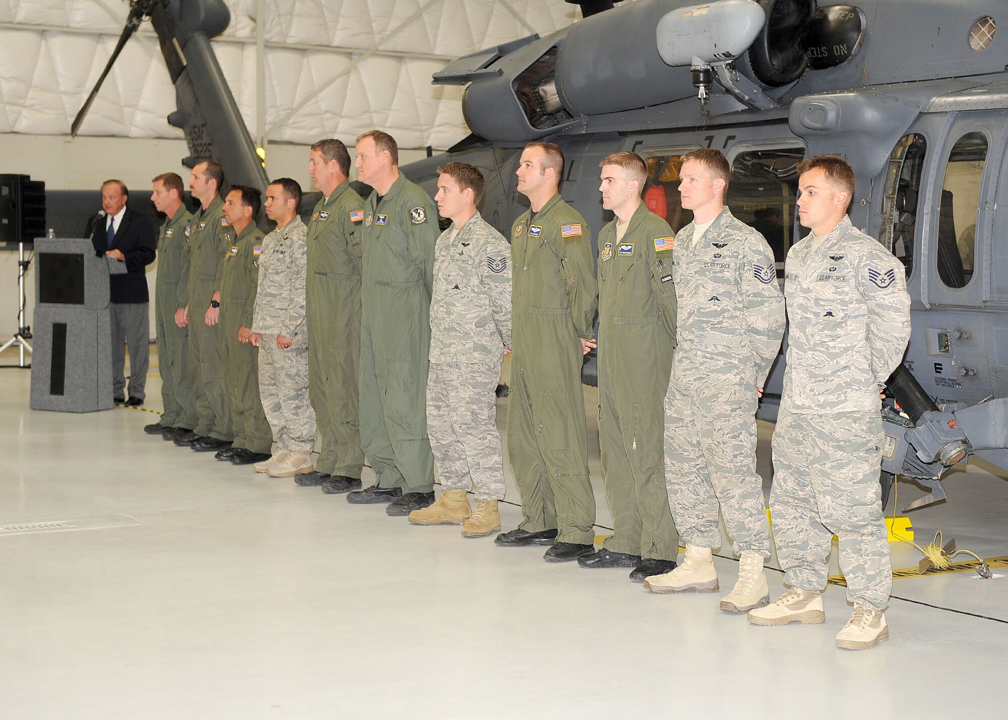 DAVIS-MONTHAN AIR FORCE BASE, Ariz. – Members of the 943rd Rescue Group are being recognized in a ceremony here April 7, for their extraordinary bravery and courage. Pararescue jumpers, Air Force Rescue 225 and 228 participated in the rescue of three people from a Sheriff’s Department helicopter crash northwest of Tucson January 31. (U.S. photo/Senior Airman Brittany Dowdle)