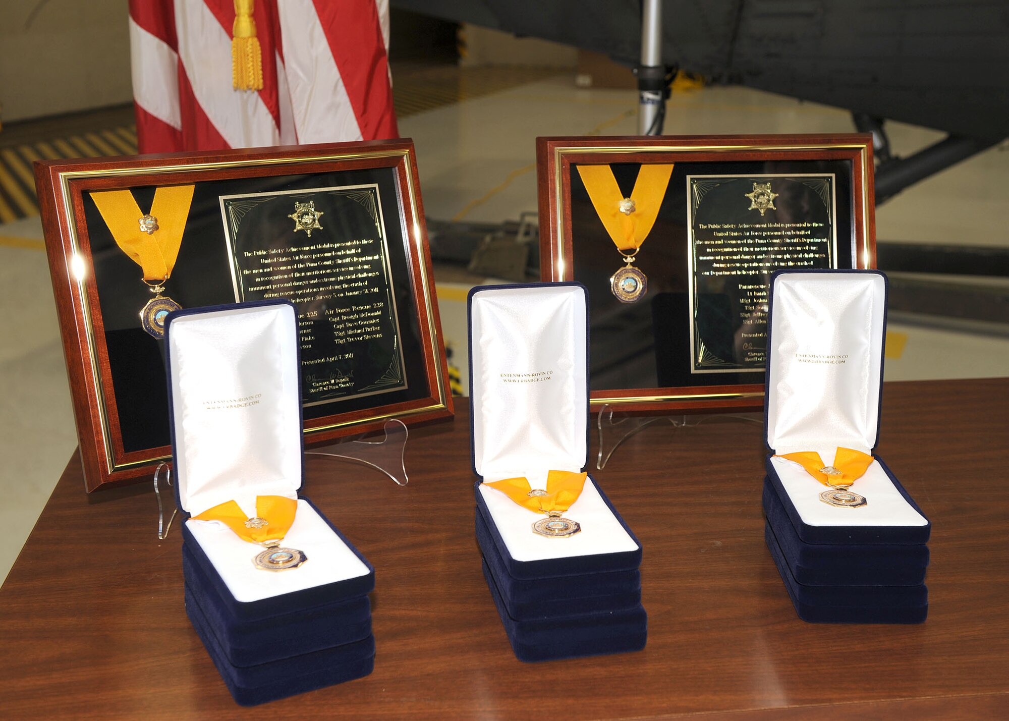 DAVIS-MONTHAN AIR FORCE BASE, Ariz. – A picture of the medals being awarded to pararescuemen of the 943rd Rescue Group in a ceremony here April 7. Pararescue jumpers, Air Force Rescue 225 and 228 participated in the rescue of three people from a Sheriff’s Department helicopter crash northwest of Tucson January 31. (U.S. photo/Senior Airman Brittany Dowdle)