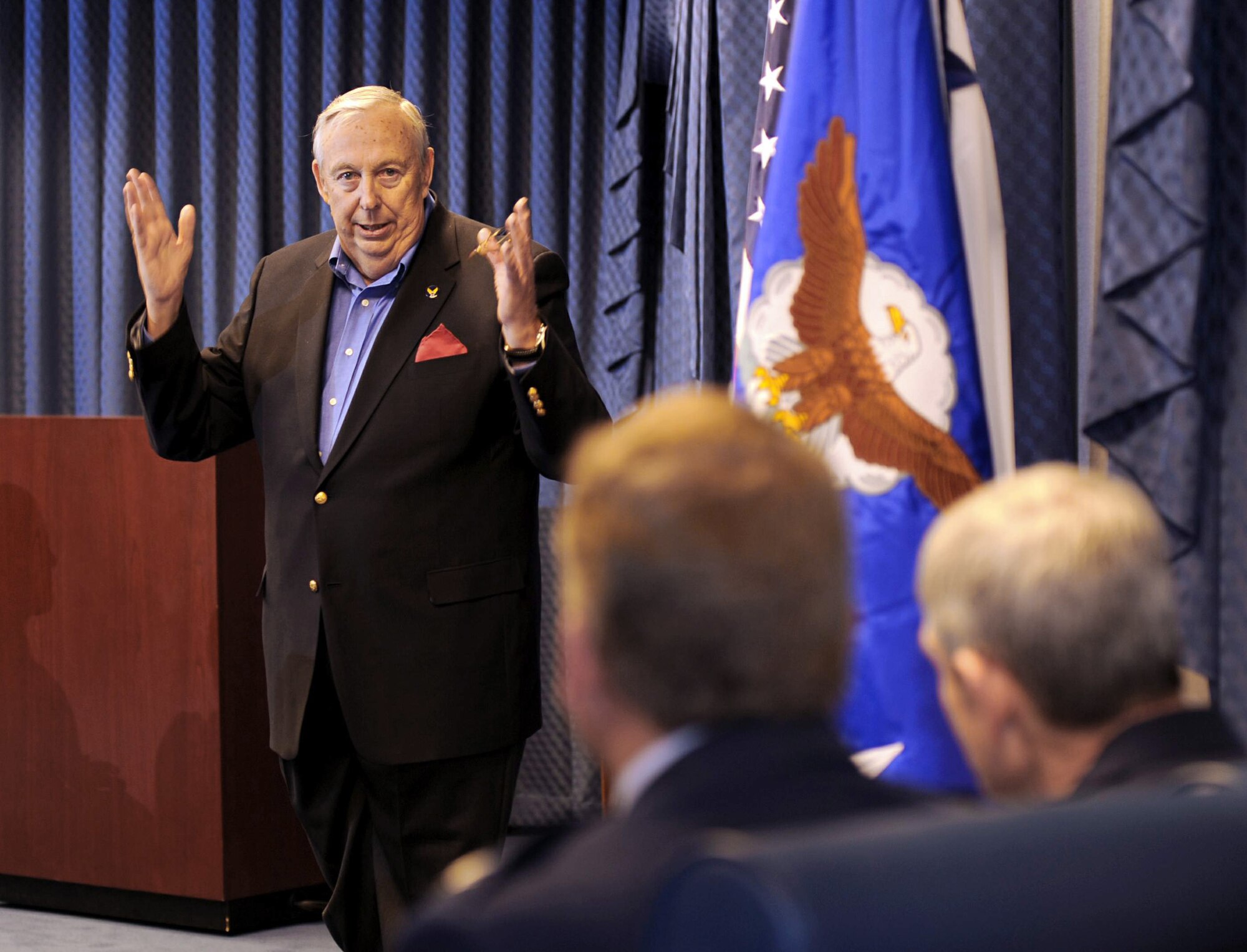 Dr. James G. Roche, former Secretary of the Air Force, speaks before the presentation of an award named in his honor at a ceremony at the Pentagon on April 11, 2011.  The B-2 Division at Wright-Patterson Air Force Base, Ohio, won the 2010 Dr. James G. Roche Sustainment Excellence Award for demonstrating the most improved performance in aircraft maintenance and logistics readiness. (U.S. Air Force photo/Andy Morataya)
