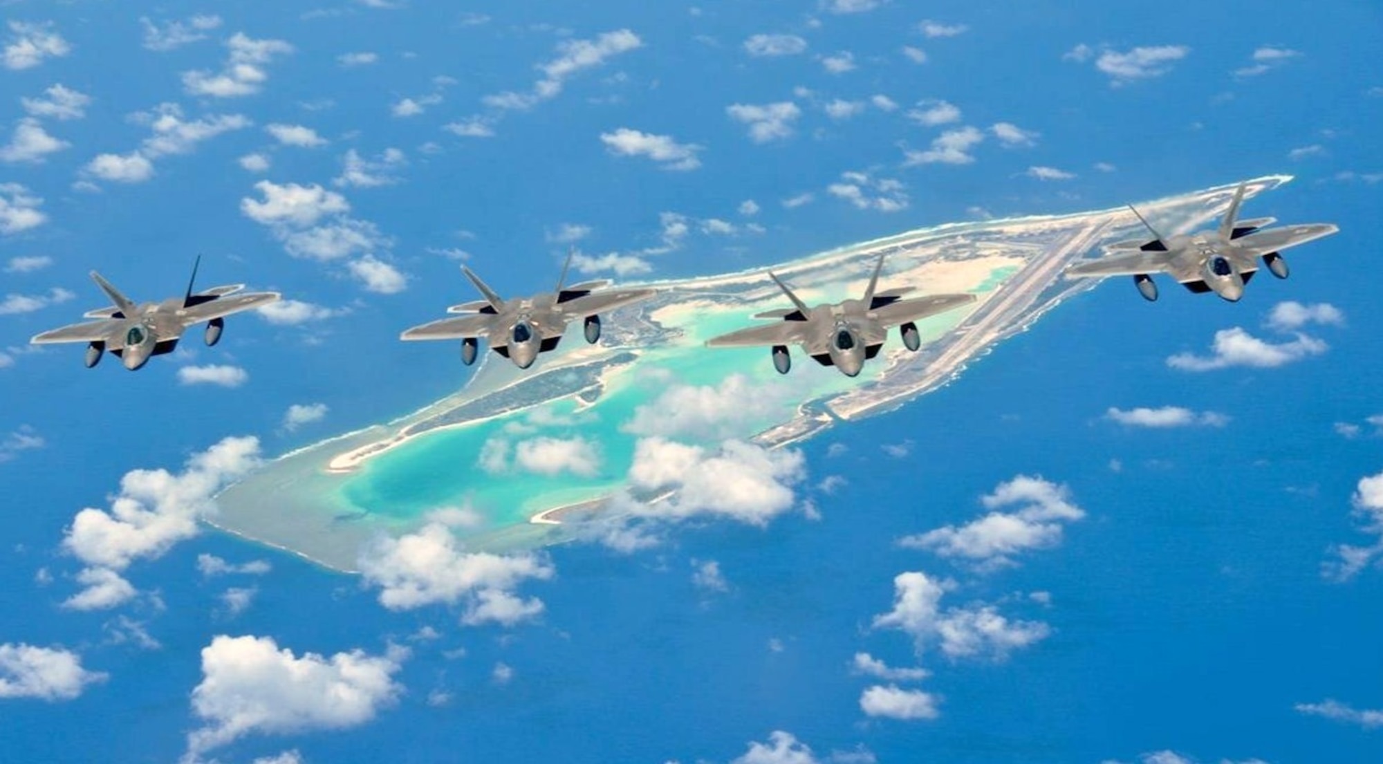 Lt. Col. Pete Fesler, 27th Fighter Squadron commander (second from left), leads a four-ship formation of 27 FS F-22 Raptors over Wake Island en route to Andersen Air Force Base, Guam in support Air Expeditionary Force 5/6 in May 2010. The 27 FS recently earned the 2010 Raytheon Trophy, identifying them as the most outstanding air superiority squadron in the Air Force and Air National Guard. (U.S. Air Force photo by Capt. Gary Wallace/Released)