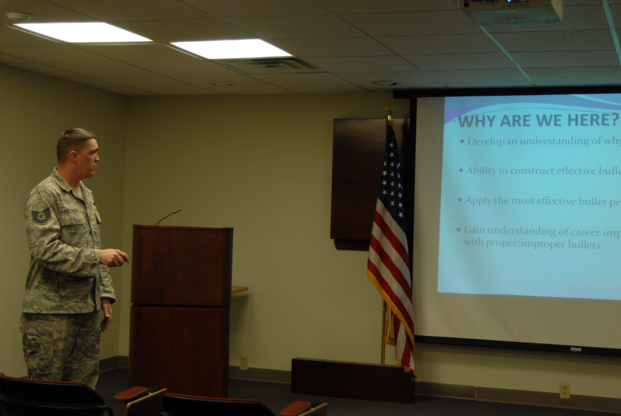 GOODFELLOW AIR FORCE BASE, Texas - Tech. Sgt. James Eselgroth, 17th Security Forces Squadron, Noncommisioned Officer in Charge Combat Arms, teaches a bullet editing class April 8 at the Building 901 auditorium. (U.S. Air Force photo/Senior Airman Anne Gathua)