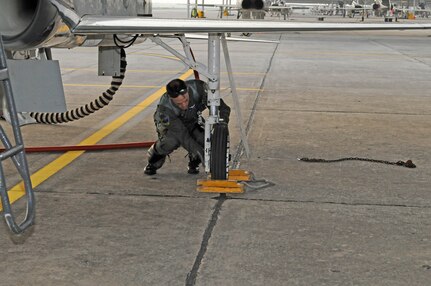 Capt. Jeff Negrette, 560th Flying Training Squadron, preforms final walk-around prior to T-38 Talon launch. Maintance workers at Randolph prepare and launch a large variety of aircraft daily.(U.S. Air Force photo/Airman Alexis Siekert)