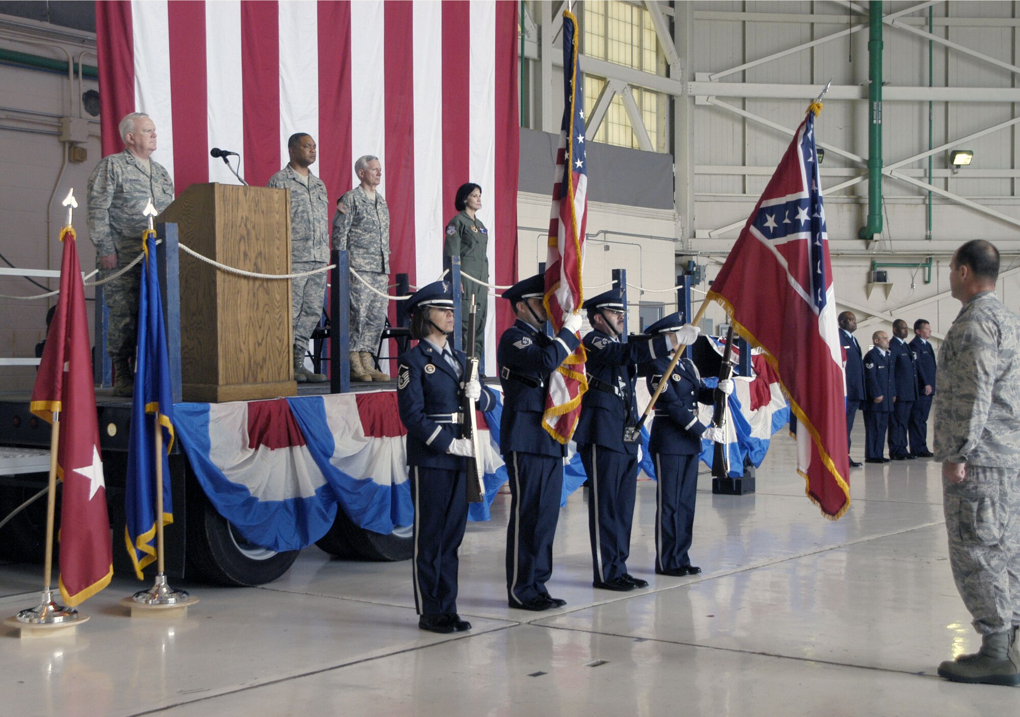 The 286th Air Operations Group Honor Guard, based at Meridian Air National Guard Base, Miss.,  presents the colors during a stand-up ceremony held April 8, 2011.  The unit will support the Continental U.S. North American Aerospace Defense Command – 1st Air Force and Air Forces Northern with manpower and resources to respond in the event of a natural or man-made disaster, or during homeland defense operations.  (U.S. Air Force photo by Lt. Col. Susan A. Romano)