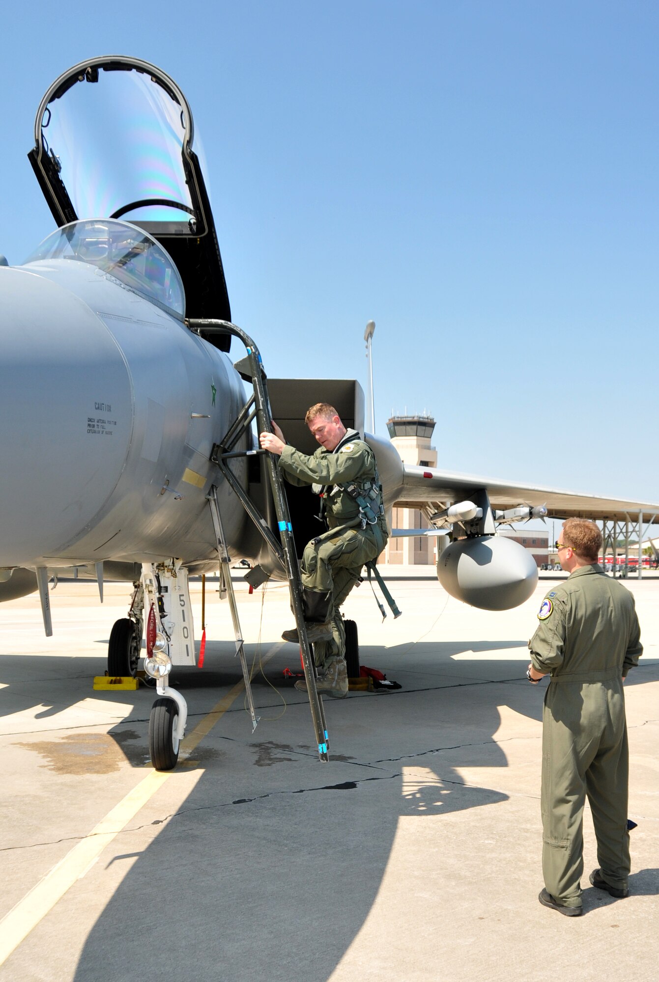Colonel Robert T. Brooks, 104th Fighter Wing Commander, Mass. Air National Guard, arrives at Tyndall Air Force Base, Fla., in support of the Weapons System Evaluation Program (WSEP) on April 9, 2011. The two-week training and evaluation program is important for ground crews to test their maintenance systems and processes while loading live munitions on F-15 Eagles, as well as critical live training for the F-15 pilots to employ air-to-air missiles against remotely piloted target drones in flight. (U.S. Air Force Photo by: Master Sergeant, Mark W Fortin)