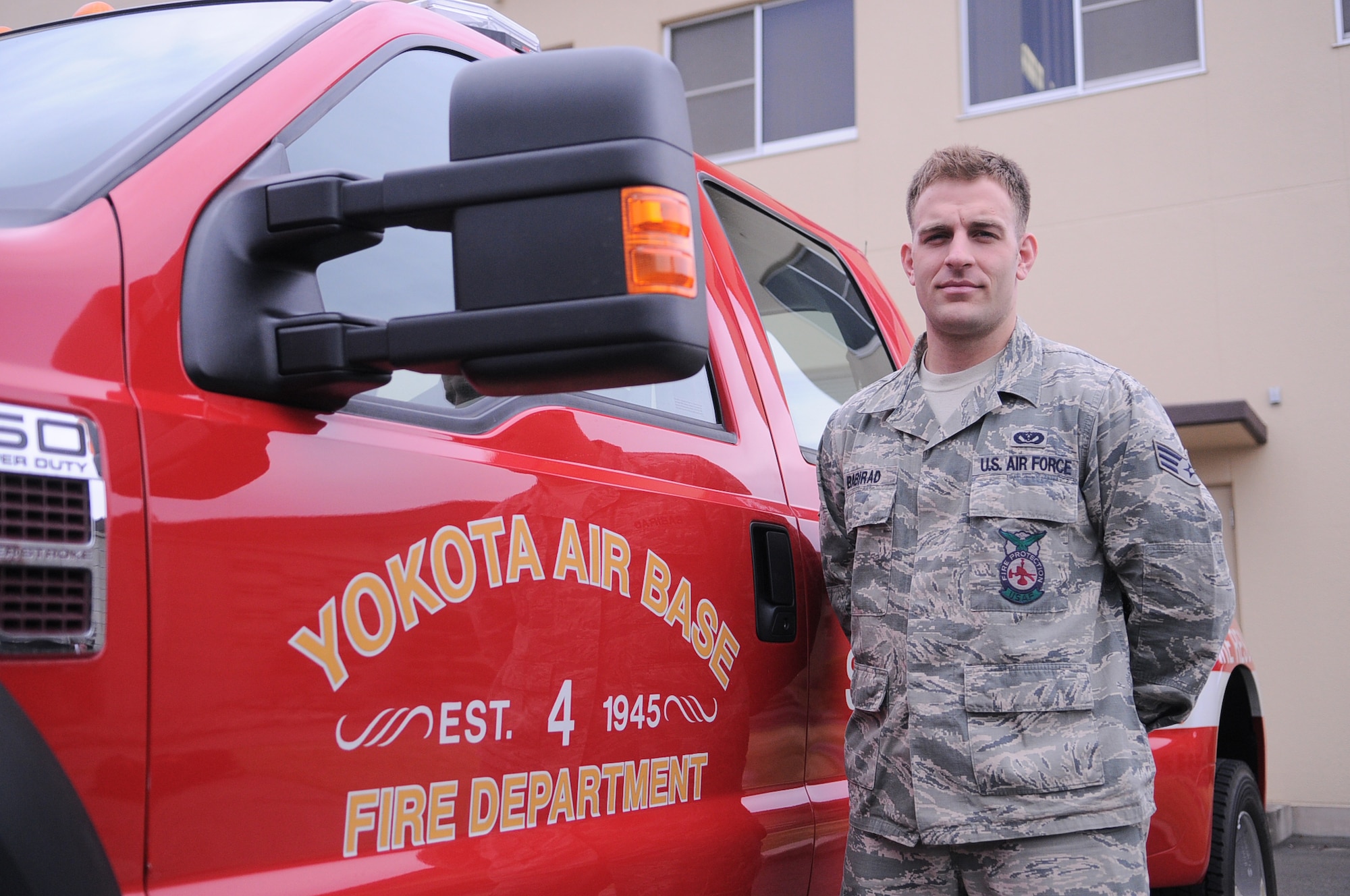 YOKOTA AIR BASE, Japan -- Senior Airman Jason Babirad, 374th Civil Engineer Squadron firefighter, poses for a photo at Yokota Air Base, Japan April 8, 2011. Airmen Babirad, a native of Buffalo, N.Y., says that monthly trainings have prepared him for situations like Operation Tomodachi. (U.S. Air Force photo/Airman 1st Class Krystal M. Garrett)
