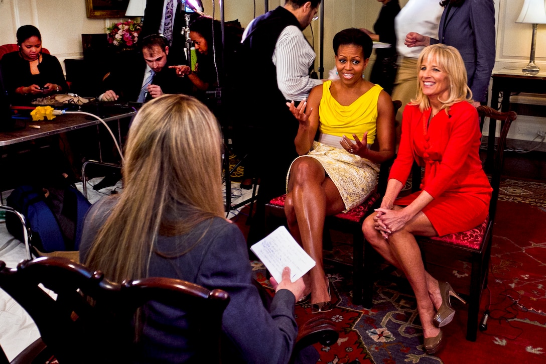 First Lady Michelle Obama and Dr. Jill Biden, wife of Vice President Joe Biden, discuss their new "Joining Forces" campaign in an interview with American Forces Press Service at the White House, April 6, 2011. DOD photo by Linda Hosek