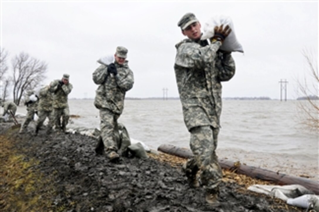 U.S. Army Spcs. Eric Wiederholt (right), Joshua Lanzdorf and Randy Birchfield (3rd from right) carry sandbags in the rain along a flood levee for placement on a flood barrier in a rural farmstead in Cass County, N.D., on April 10, 2011.  Wiederholt, Lanzdorf and Birchfield are assigned to the 815th Engineer Company, Detachment 2, based in Lisbon, N.D.  
