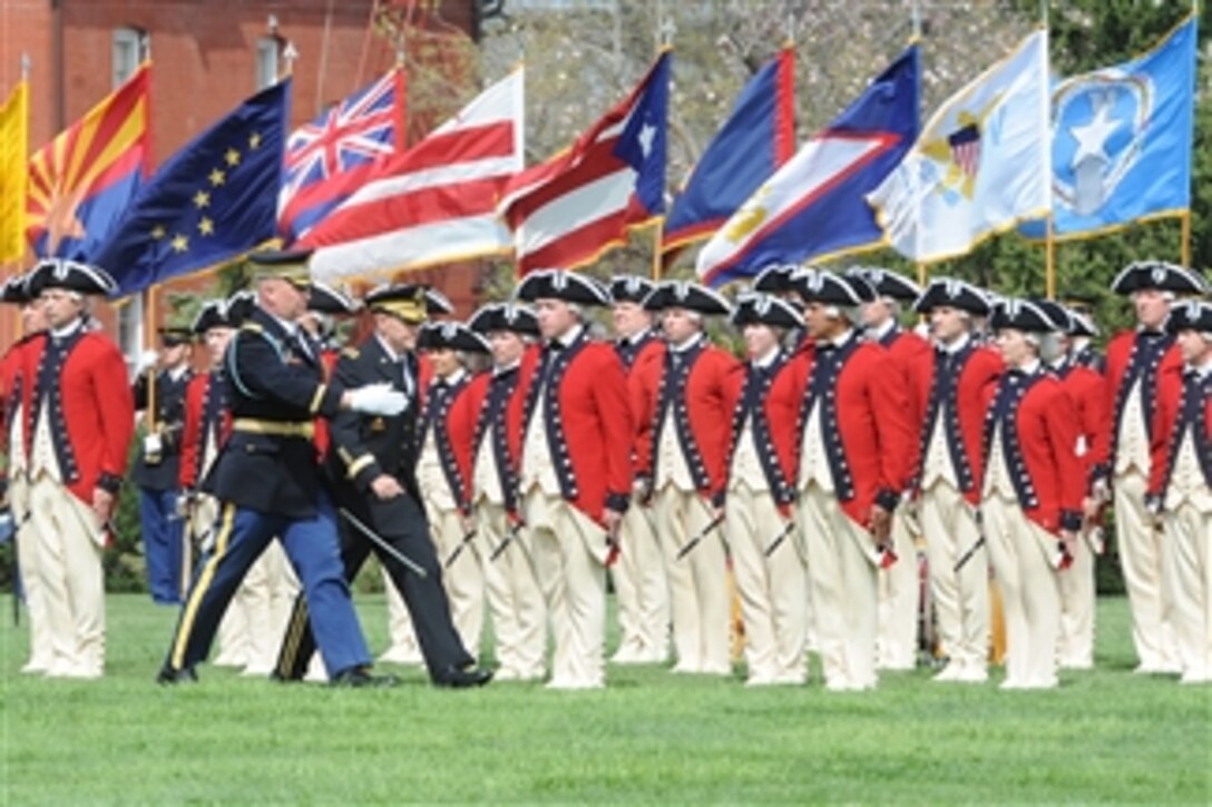 Chief of Staff of the Army Gen. Martin E. Dempsey inspects the troops during an arrival and swearing-in ceremony at Fort Myer, Va., on April 11, 2011.  Dempsey was sworn in as the 37th Chief of Staff of the Army after Gen. George W. Casey Jr. retired earlier in the day.  
