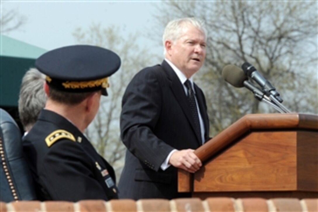 Secretary of Defense Robert M. Gates addresses the audience during an arrival and swearing-in ceremony for Gen. Martin E. Dempsey at Fort Myer, Va., on April 11, 2011.  Dempsey was sworn in as the 37th Chief of Staff of the Army after Gen. George W. Casey Jr. retired earlier in the day.  