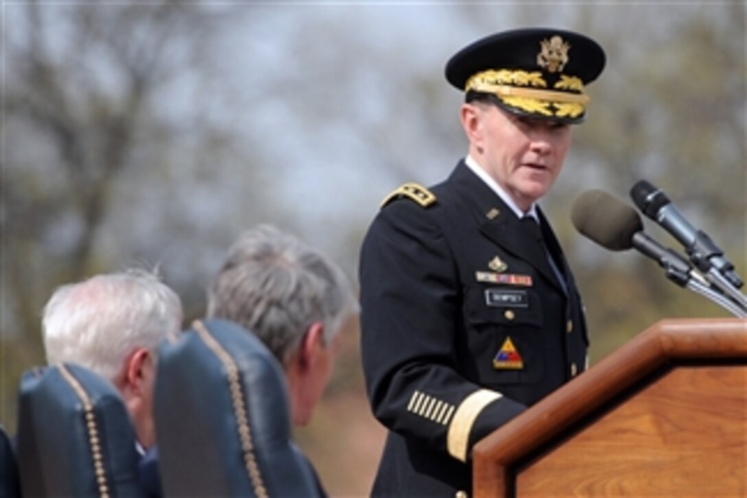 Chief of Staff of the Army Gen. Martin E. Dempsey addresses the audience during an arrival and swearing-in ceremony at Fort Myer, Va., on April 11, 2011.  Dempsey was sworn in as the 37th Chief of Staff of the Army after Gen. George W. Casey Jr. retired earlier in the day.  
