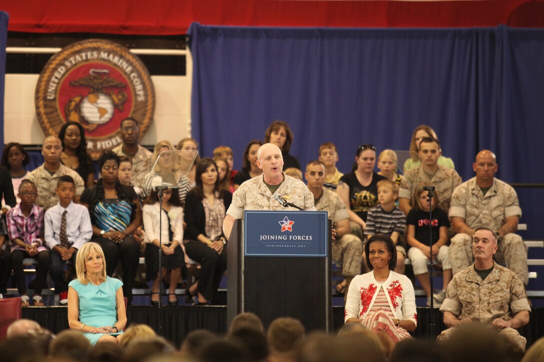 Maj. Gen. Carl B. Jensen, commanding general of Marine Corps Installations - East, speaks during the Joining Forces campaign kick-off at the Goettge Memorial Field House abaord Marine Corps Base Camp Lejeune, April 13. Joining Forces is a national intiative that uses all sectors of society to give service members and their families opportunities they have earned, such as education and employment benefits.