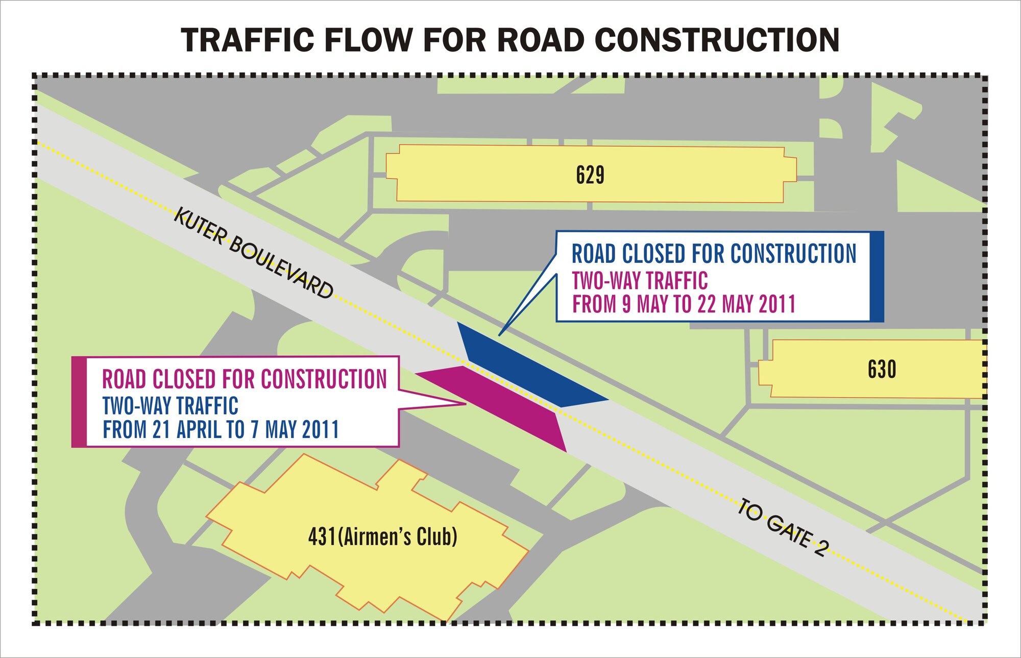 Road construction on Kuter Boulevard in front of the Banyan Tree Club is scheduled April 21st to May 22nd from 8 a.m. to 6 p.m. Road cuts across the entire width of road will reduce traffic flow on Kuter Boulevard to a single lane each way at the site. Please use extra caution when traveling down this stretch of the road. (U.S. Air Force graphic by Naoko Shimoji)