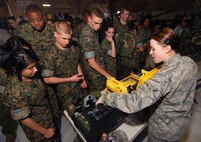 Airman Alyssa Arrowsmith, 94th Civil Engineer Squadron, provides information to Marine Corps Junior Reserve Officer Training Corps cadets from the Atlanta regional area about equipment used in the Emergency Management career field, Apr 13.  The 94th Airlift Wing and Dobbins Air Reserve Base hosted more than 1,500 high school JROTC cadets for a look at the Wing and a familiarization flight on a C-130H2 Hercules aircraft.   (U.S. Air Force photo/ Brad Fallin)
