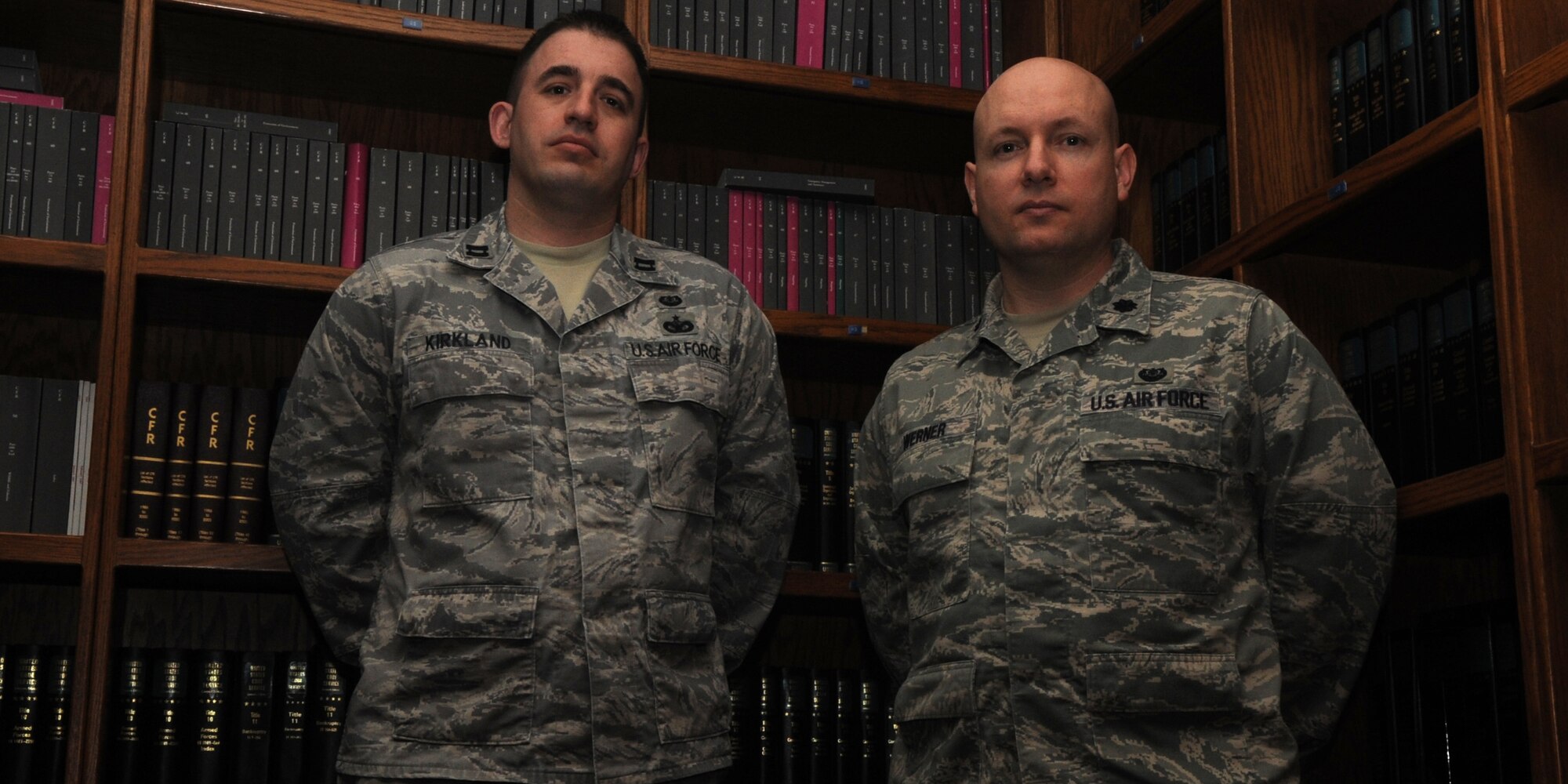 MINOT AIR FORCE BASE, N.D. -- Personnel from the base legal office here were awarded major command level awards this past March for their stellar performance and work dedication. Lt. Col. Eric J. Werner, 5th Bomb Wing staff judge advocate, was named Air Force Global Strike Command’s Outstanding Senior Attorney Award and Captain Michael Kirkland, 5th BW assistant judge advocate, earned the title of the 8th Air Force Outstanding Young Judge Advocate of the Year. A third recipient Master Sgt. Dana L. Cummins, former 5th BW law office superintendent, (has since had a permanent change of station) was awarded the 8th Air Force's Outstanding Young Paralegal of the Year. (U.S. Air Force/Airman 1st Class Jose L. Hernandez)