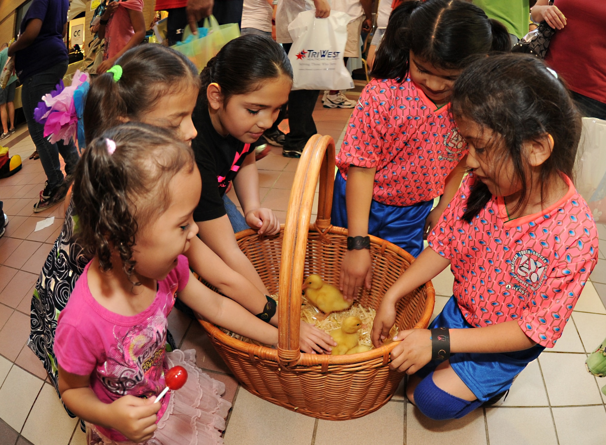 Team McConnell family members touch ducklings during the Family Festival of Fun April 9, 2011, McConnell Air Force Base, Kan. The Ambassadors of Good Will Clown association offered ducklings, balloon animals and entertainment. More than 100 base volunteers, city community partners and base organizations came together during the festival to offer activities for military families. (U.S. Air Force photo/Senior Airman Maria A. Ruiz)