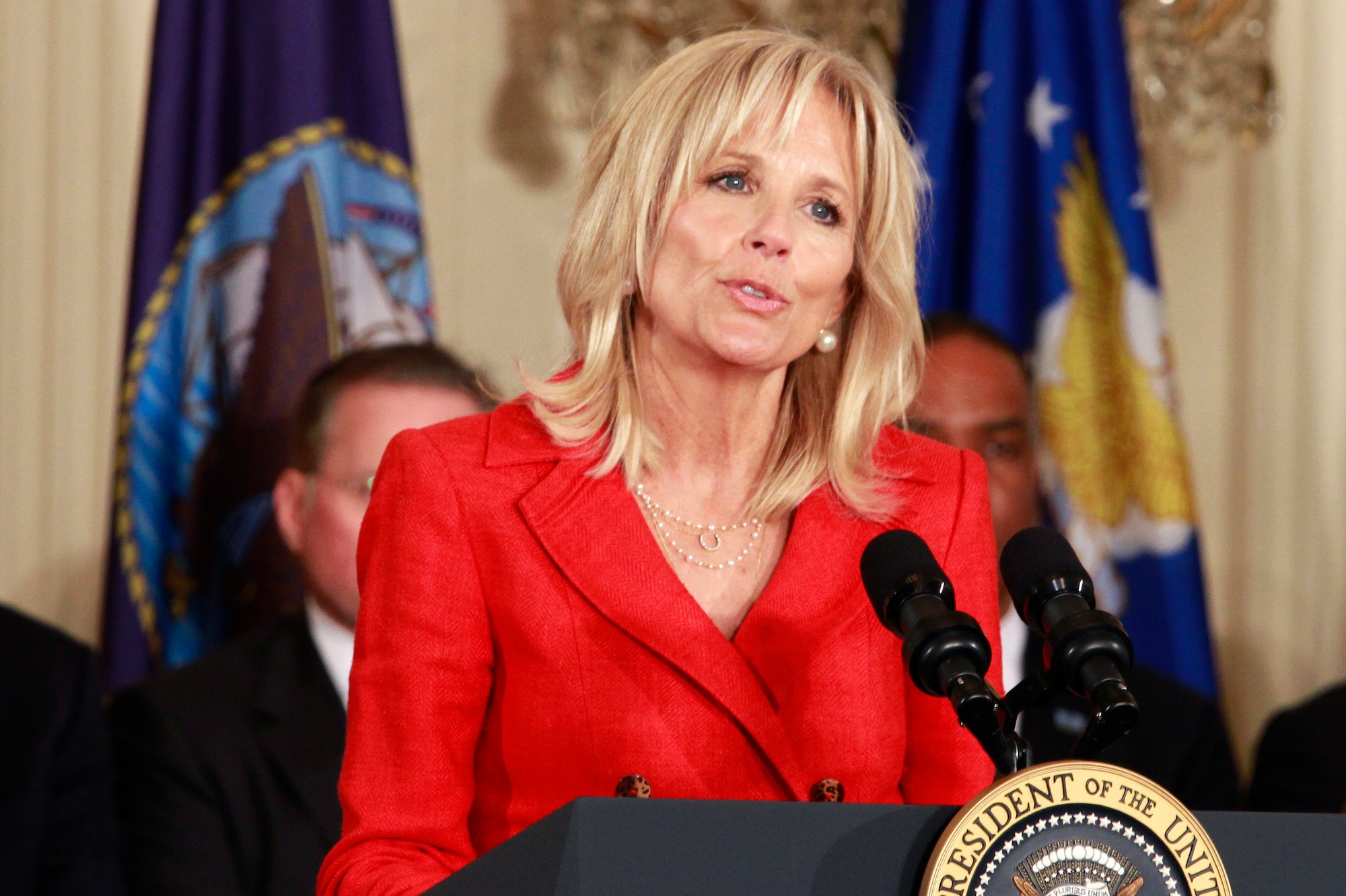 Dr. Jill Biden, wife of Vice President Joe Biden, speaks, April 12, 2011, at the White House launch of 'Joining Forces,' a national initiative that calls on all sectors of society to join forces to support and honor service members and their families.  (Defense Department photo/Linda Hosek)