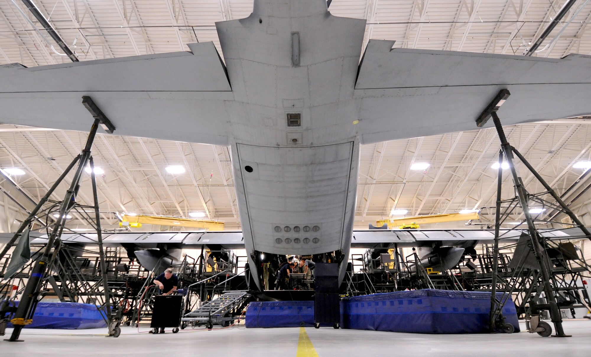 An HC-130P Combat King sits on aircraft jacks as engineers and technicians develop the Air Combat Command's first loadmaster crashworthy seat April 7, 2011, at Moody Air Force Base, Ga. Once the seat is tested and approved, it will be placed into the rest of the HC-130P aircraft fleet. (U.S. Air Force photo/Airman 1st Class Benjamin Wiseman)