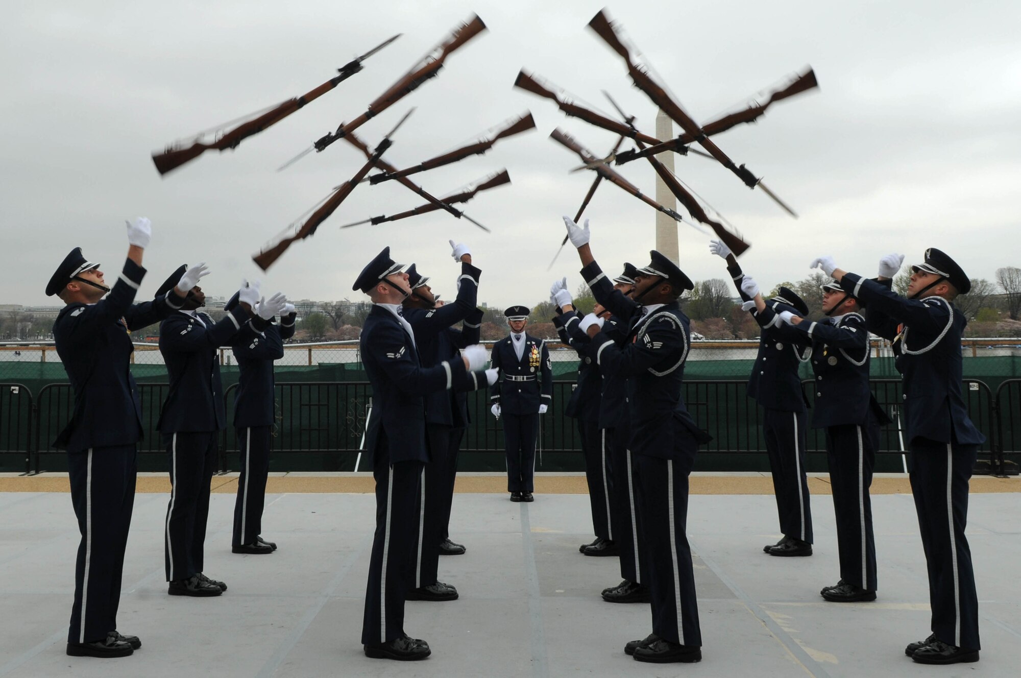 The U.S. Air Force Honor Guard drill team, competes April 9 at the Jefferson Memorial, Washington D.C. The 4th Annual Joint Service Drill Exhibition showcased the strength, dexterity and bearing of the men and women of the U.S. Armed Forces. (U.S. Air Force photo by Senior Airman Christopher Ruano)