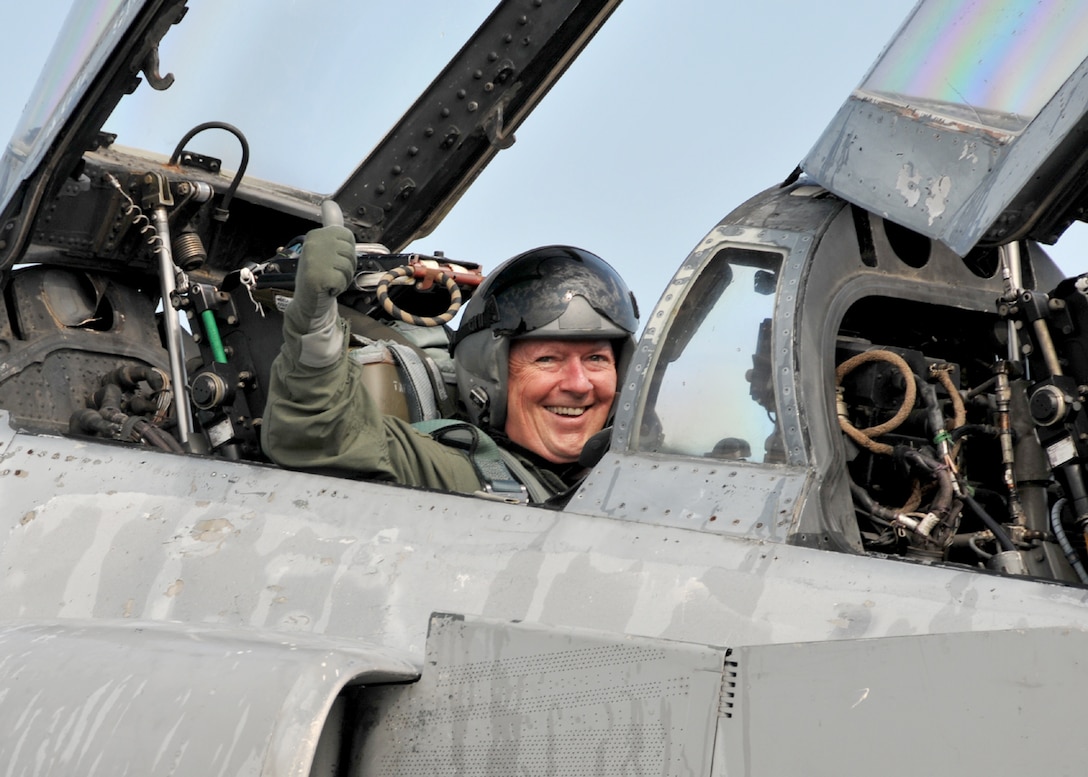 Major Joseph Keenan a flight surgeon with, the 104th Fighter Wing, Massachusetts Air National Guard shows his satisfaction following an incentive ride in an F-4 Phantom while deployed to Tyndall AFB Florida, in support of the Weapons System Evaluation Program (WSEP) on April 12, 2011. The two week training and evaluation program is important for ground crews to test their maintenance systems and processes while loading live munitions on F-15 Eagles, as well as critical live training for the F-15 pilots to employ air-to-air missiles against real world targets including unmanned F-4s.