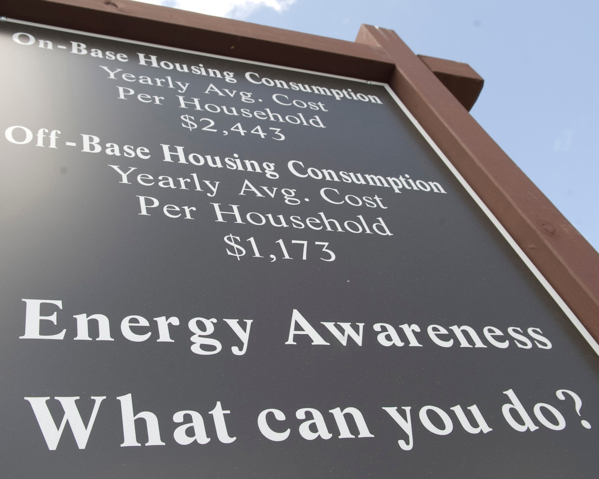 MOUNTAIN HOME AIR FORCE BASE, Idaho -- An energy consumption sign gives Gunfighters the yearly cost for on and off-base housing consumption per household here April 12. Nearly 900 offices across the base received timed light sensors to reduce the amount of energy consumed here annually. These sensors will save the base an estimated $150,000 a year. (U.S. Air Force photo by Staff Sgt. Roy Lynch)