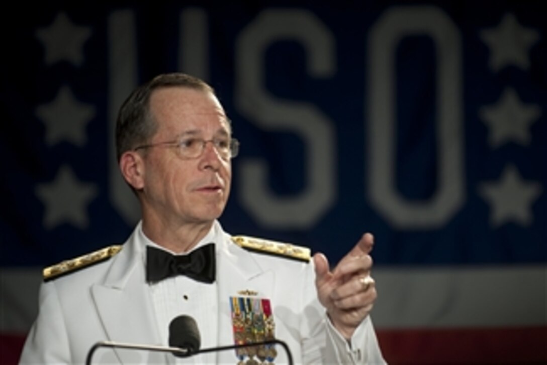 Chairman of the Joint Chiefs of Staff Adm. Mike Mullen, U.S. Navy, delivers remarks at the 2011 USO Metro Awards Dinner at the Ritz-Carlton Hotel in Pentagon City, Va., on April 12, 2011.  