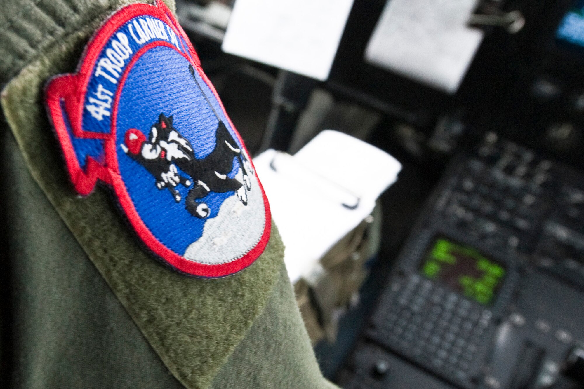 JOINT BASE ELMENDORF-RICHARDSON, Alaska - Squadron patch of the 41st Airlift Squadron. A C-130 J Model from the 19th Airlift Wing, Little Rock Air Force Base, Arkansas was here during the week of April 4 to the 8. They participated in heavy equipment drops, personnel drops and improved container system drops during the week teaming up with the 3rd Battalion, 377th Parachute Field Artillery Regiment and were assisted in loading the aircraft by the 732nd Air Mobility Squadron. (U.S. Air Force photo/Senior Airman Christopher Gross)  

