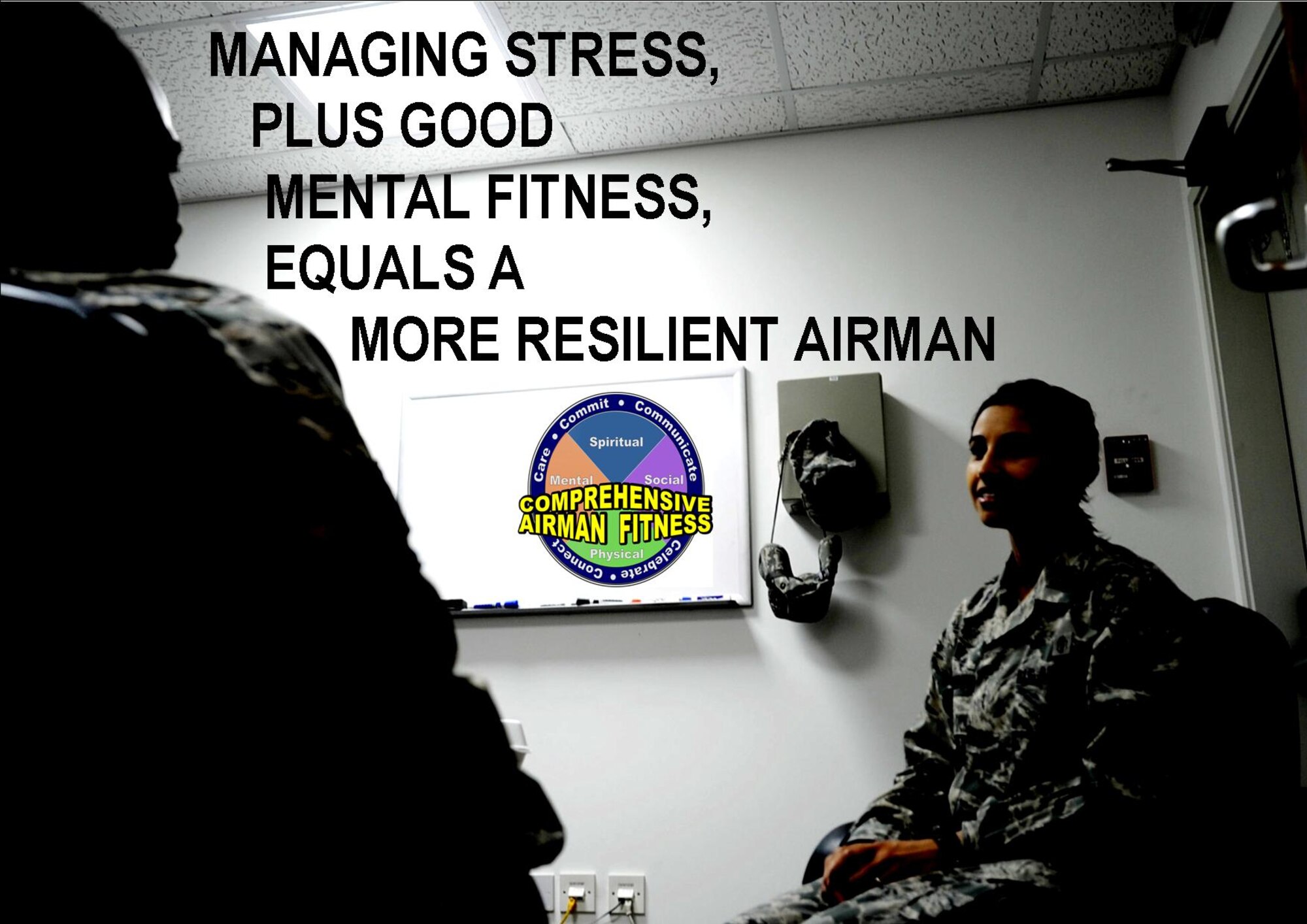 There has been an answer to dealing with the rising operations tempo and its related stressors -- enter the Comprehensive Airman Fitness, or CAF, culture.  The culture is built to help Airmen manage stress and achieve stronger mental fitness. Started in July 2010 in AMC, the goal of the CAF culture is to “strengthen and sustain a culture of balanced, healthy, self confident Airmen and their families whose resilience and total fitness enables them to thrive in an era of high operational tempo and persistent conflict around the world.” (U.S. Air Force Graphic Illustration/Master Sgt. Scott T. Sturkol)
