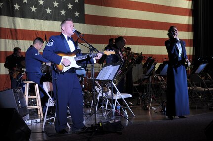 Members of Warhawk, part of the Air Force Band of the West, perform April 13 in Laurie Auditorim during the Fiesta in Blue Concert in San Antonio.  Musicians from the Band of the West perform around the world to communities and in support of  deployed men and women. (U.S. Air Force photo/Joel Martinez)
