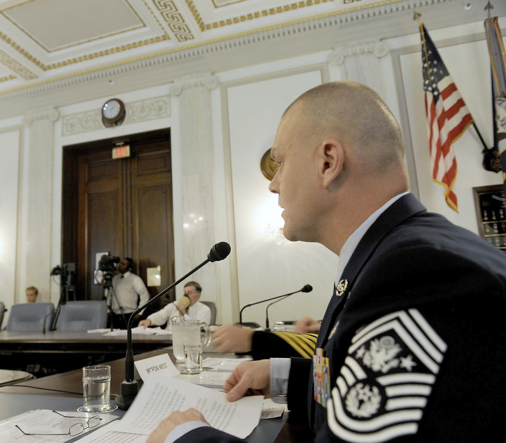 Chief Master Sgt. of the Air Force James A. Roy (right) gives his opening statement during a Senate Armed Services subcommittee hearing on military personnel issues April 13, 2011, in Washington. Chief Roy's counterparts from the Army, Navy and Marine Corps joined him on the panel. (U.S. Air Force photo/Scott M. Ash)