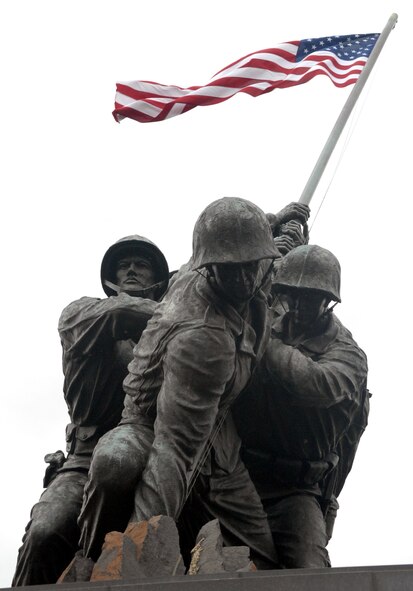 DYESS AIR FORCE BASE, Texas - A photo of the Marine Corps War Memorial April 12 in Arlington, Va. during a West Texas Honor Flight Network event for more than 200 World War II veterans from the West Texas area. The Honor Flight Network is a non-profit organization created to honor America’s veterans for their sacrifices by transporting these heroes to Washington D.C. to visit and reflect at their memorials at no cost to themselves. Honor Flight trips are made possible through donations; discounts by charter bus companies, airlines, hotels and more; and through volunteers, of which more than 100 were present during this West Texas Honor Flight. (Air Force photo/Tech. Sgt. Robert Wollenberg)