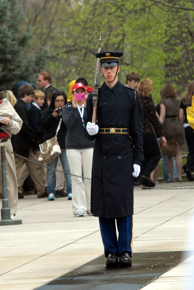 DYESS AIR FORCE BASE, Texas - Grave stones rest in alignment in Arlington National Cemetery April 12 in Arlington, Va. More than 200 World War II veterans from the Abilene Texas area visited Arlington Cemetery during a West Texas Honor Flight Network event. Audie Murphy became the most decorated U.S. Soldier of World War II during 27 months in action in the European Theater. He received the Medal of Honor, the U.S. military's highest award for valor, along with 32 additional U.S. and foreign medals and citations, including five from France and one from Belgium. The Honor Flight Network is a non-profit organization created to honor America’s veterans for their sacrifices by transporting these heroes to Washington D.C. to visit and reflect at their memorials at no cost to themselves. Honor Flight trips are made possible through donations; discounts by charter bus companies, airlines, hotels and more; and through volunteers, of which more than 100 were present during this West Texas Honor Flight. (Air Force photo/Tech. Sgt. Robert Wollenberg)