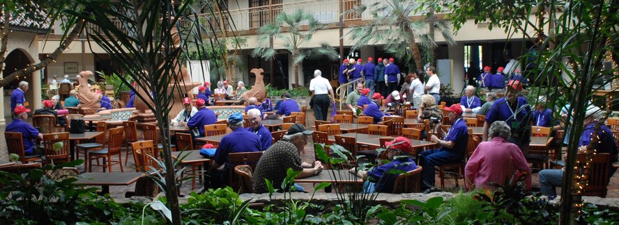 DYESS AIR FORCE BASE, Texas - World War II veterans gather at the MCM Elegante hotel April 11 prior to taking the trip of a lifetime as part of a West Texas Honor Flight Network event to see memorials constructed in their honor in Washington D.C. The Honor Flight Network is a non-profit organization created to honor America’s veterans for their sacrifices by transporting these heroes to Washington D.C. to visit and reflect at their memorials at no cost to themselves. Honor Flight trips are made possible through donations; discounts by charter bus companies, airlines, hotels and more; and through volunteers, of which more than 100 were present during this West Texas Honor Flight. (Air Force photo/Tech. Sgt. Robert Wollenberg)
