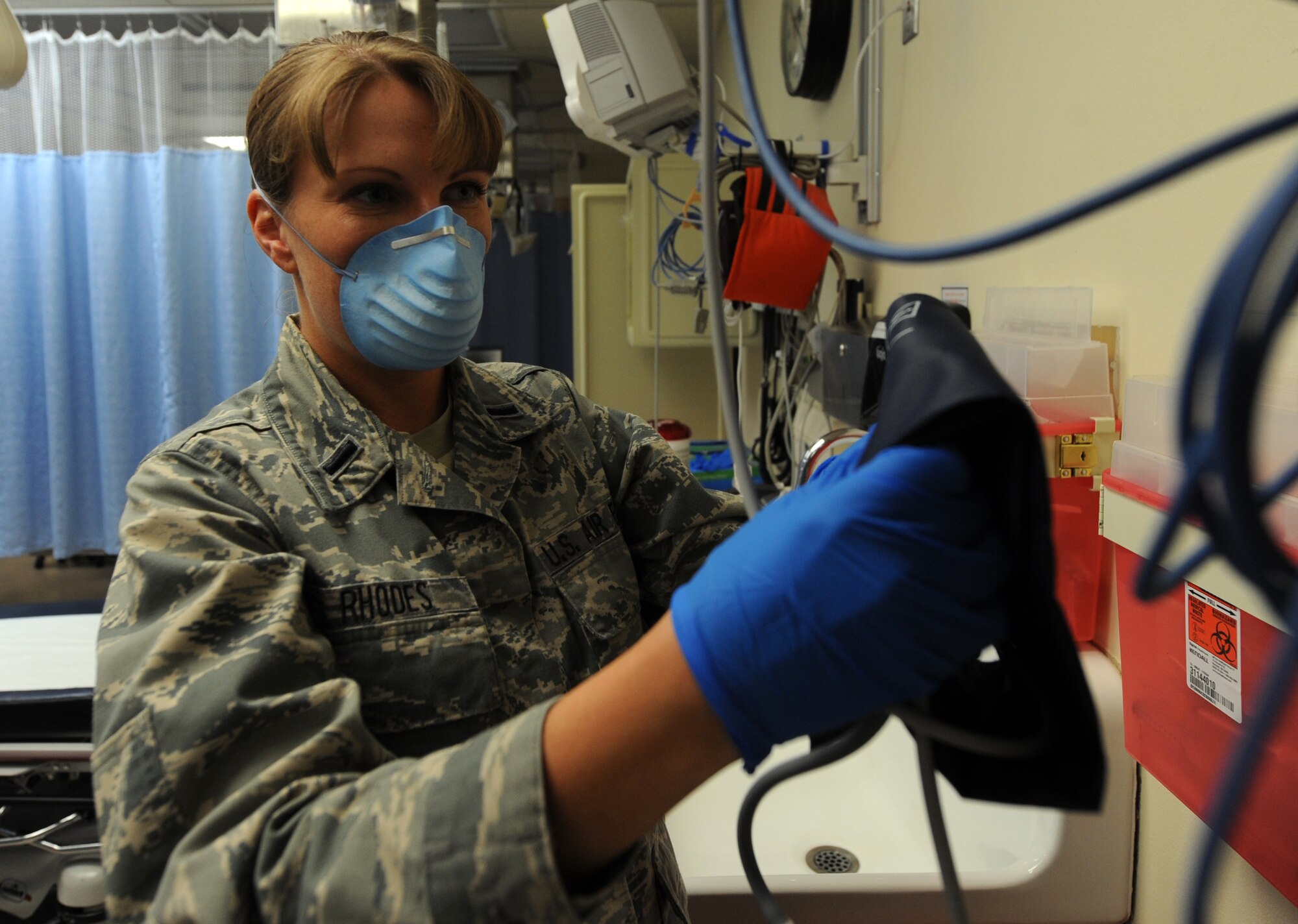 First Lt. Rachel Rhodes of the 366th Medical Group stores medical equipment used in the Urgent Care Center.  (U.S. Air Force photo by Senior Airman Deborah Lockhart)
