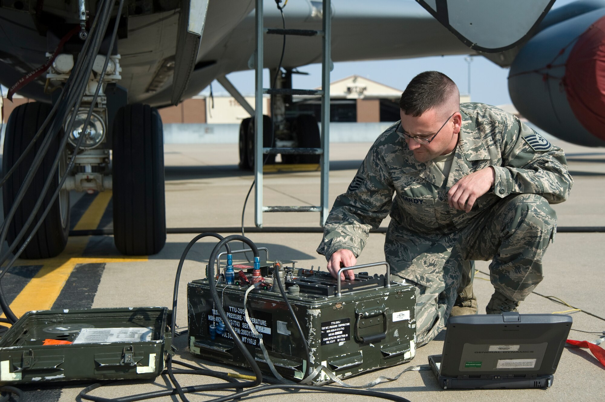 Tech. Sgt. Jeffrey Hardy, 22nd Aircraft Maintenance Squadron instruments and flight control systems craftsman, performs a test on a KC-135 Stratotanker’s avionics systems April 13, 2011. McConnell Air Force Base, Kan. The Marietta, Ga., native also maintains back up engine data programs, launches and recovers aircraft. 
