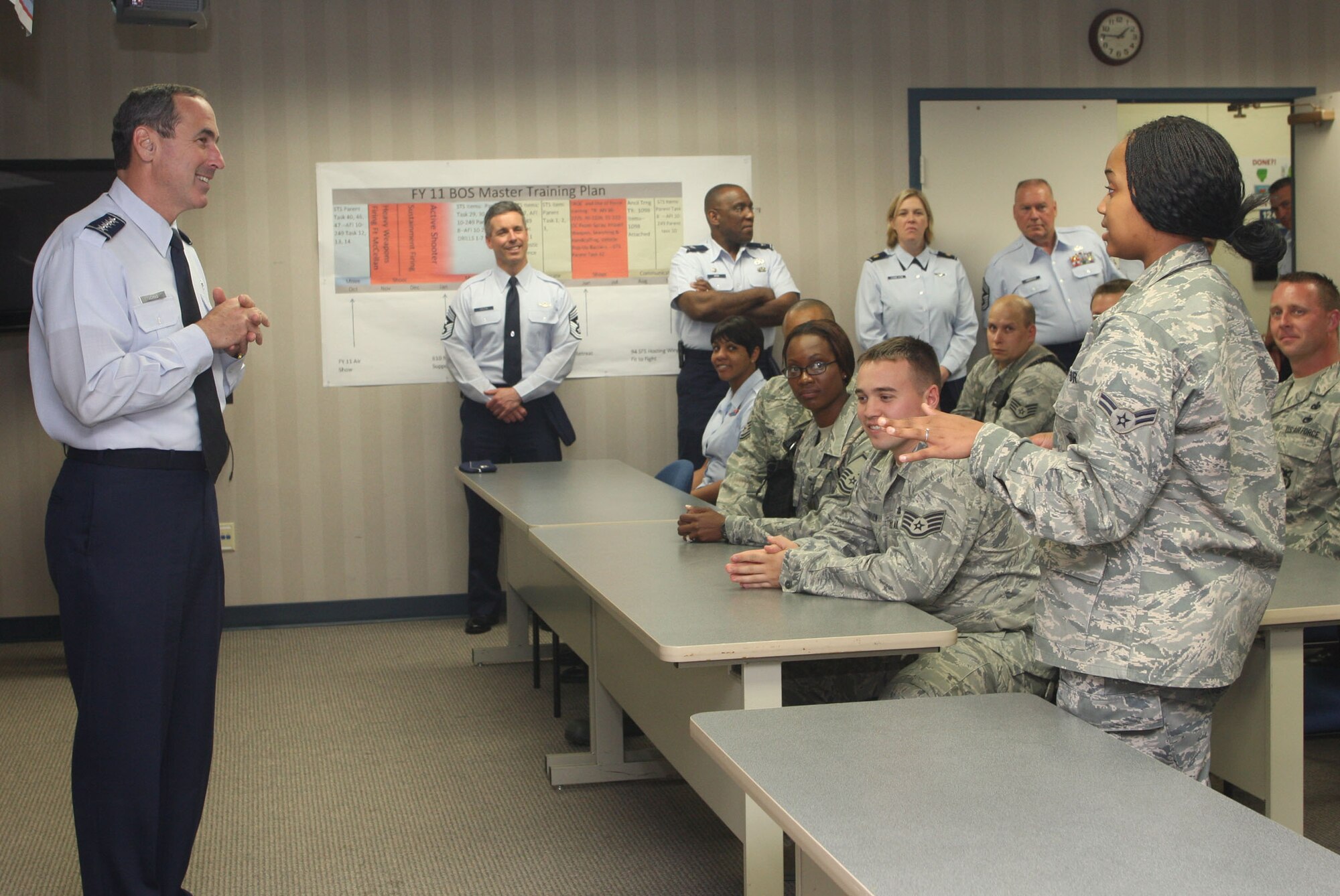 Gen. Ray Johns, Commander of the Air Mobility Command visits with members of the 94th Security Forces Squadron, during his tour of Dobbins Air Reserve Base, Ga., Apr 11. (U.S. Air Force Photo/Don Peek)