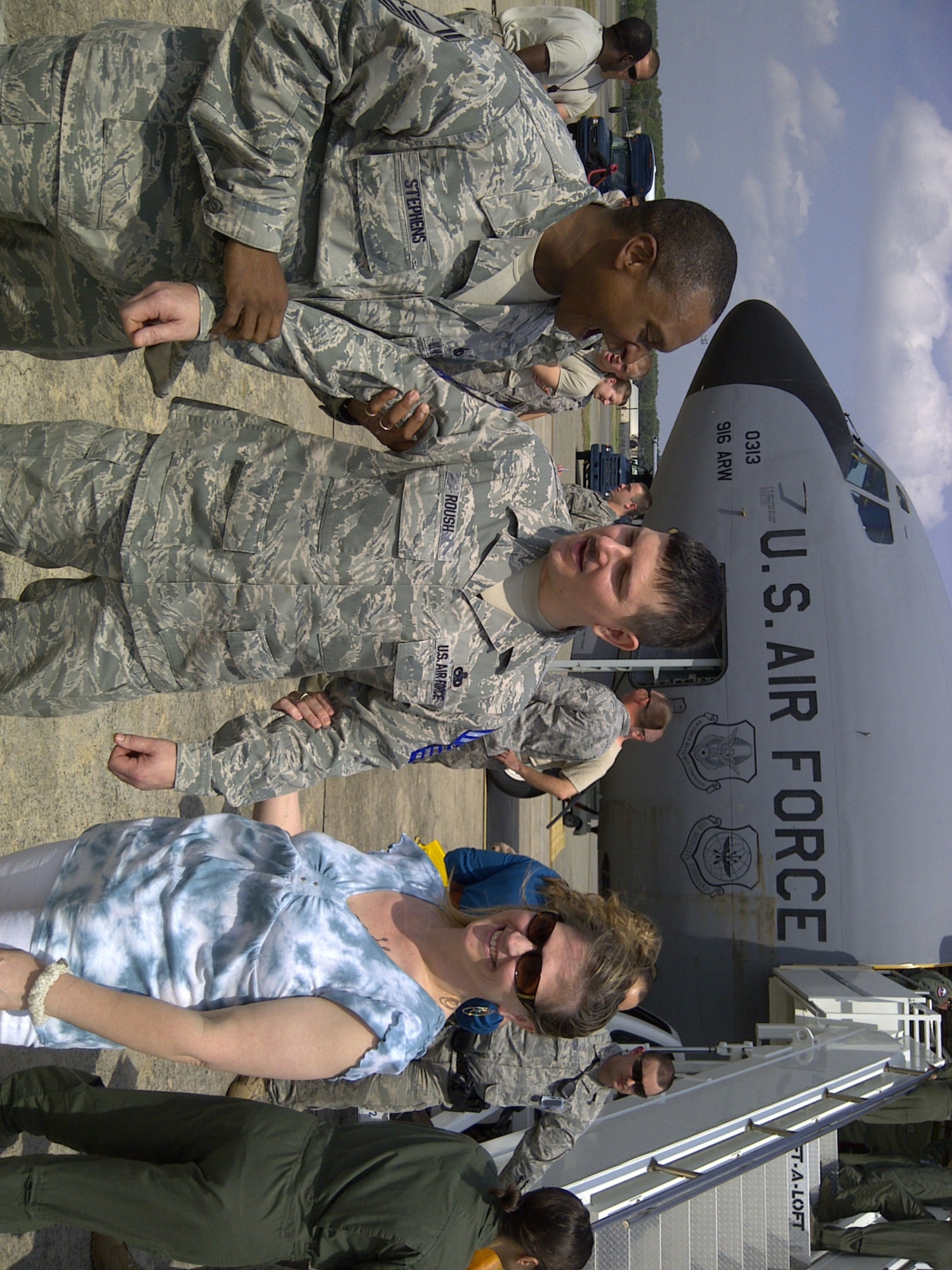 Maintainer David Roush (center) was welcomed home in grand style in mid-April. The 911th Air Refueling Squadron Airman was met by family and co-workers and given his stripe promoting him to senior master sergeant. (USAF courtesy 911ARS)