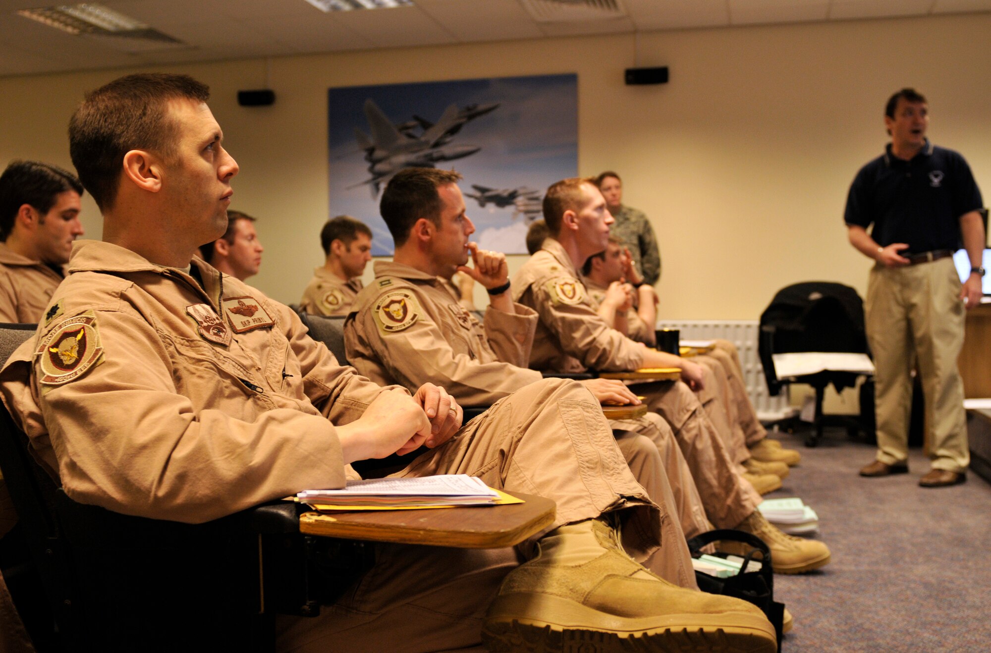 ROYAL AIR FORCE LAKENHEATH, England – Aircrew members from the 493rd Fighter Squadron received a pre-deployment briefing at Royal Air Force Lakenheath, England, April 8, 2011. The 493rd FS deployed Airmen and assets to an undisclosed location in Southwest Asia. (U.S. Air Force photo/Senior Airman Tiffany M. Deuel)