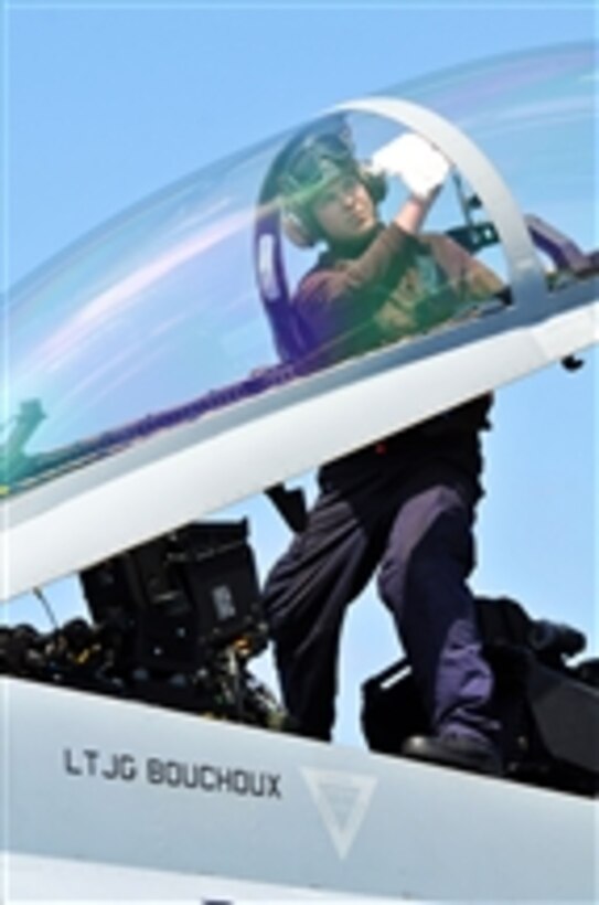Airman Steven Gardner, assigned to Strike Fighter Squadron 154, cleans the cockpit window of an F/A-18F Super Hornet aboard the aircraft carrier USS Ronald Reagan (CVN 76) underway in the Pacific Ocean on April 13, 2011.  