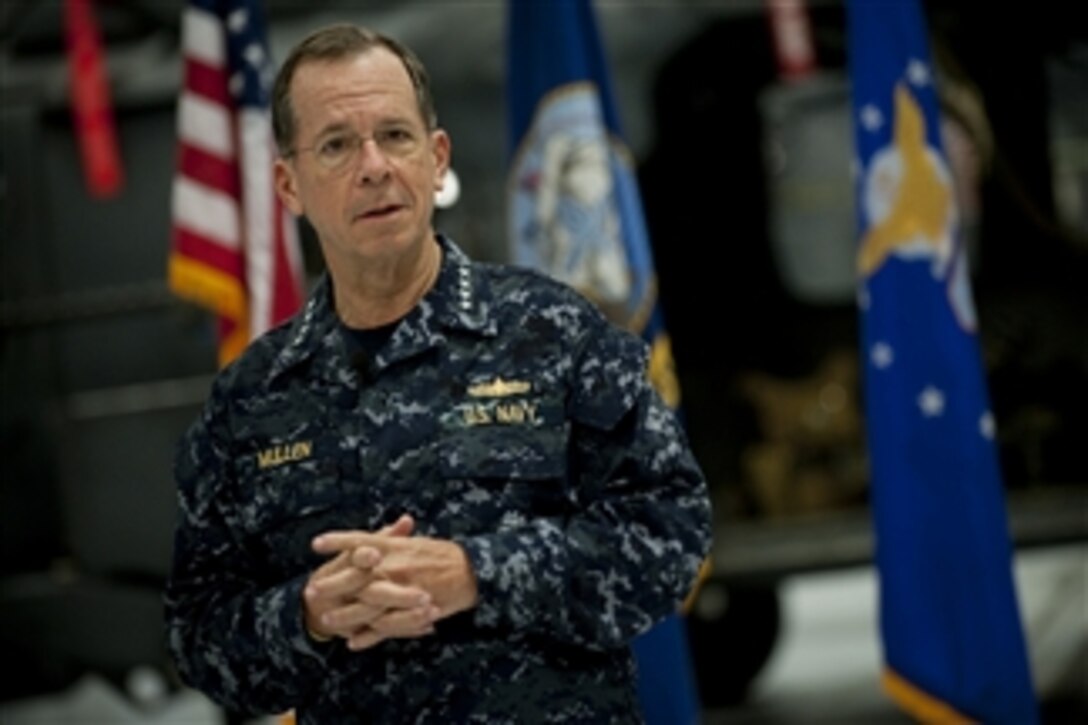 Chairman of the Joint Chiefs of Staff Adm. Mike Mullen, U.S. Navy, addresses airman assigned to the 58th Rescue Squadron at Nellis Air Force Base, Nev., on April 13, 2011.  