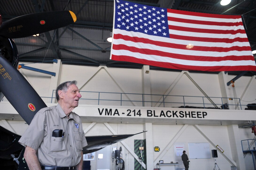 Jim Hill, original Marine Attack Squadron 214 pilot, stands in front of an F4U-Corsair, the model he flew during World War II, during a reunion at the squadron’s hangar April 14, 2011. VMA-214 hosted three of the remaining five original Black Sheep pilots, bringing the men together for the first time since 1994. All served under Medal of Honor winner and first Black Sheep commanding officer Gregory “Pappy” Boyington during the squadron’s first combat deployment in the Pacific in 1943.
