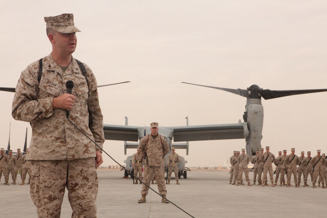 Lt. Col. Jeffrey P. Hogan addresses the audience at during the Marine Medium Tiltrotor Squadron 264 change of command at the squadron's hangar on Camp Bastion, Afghanistan, April 15. "It is hard to leave Marines I've worked with," said Hogan. "Especially while on deployment out here."