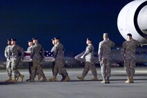 A U.S. Army carry team transfers the remains of Army Spc. Donald L. Nichols, of Shell Rock, Iowa, at Dover Air Force Base, Del., April 15, 2011. Nichols was assigned to the 1st Battalion, 133rd Infantry Regiment, Iowa Army National Guard, Waterloo, Iowa. (U.S. Air Force photo/Roland Balik)