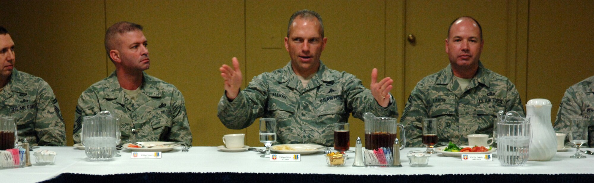 Chief Master Sgt. Martin Klukas, Air Combat Command command chief, speaks with senior non-commissioned officers during a luncheon at the Dakota’s Club on Ellsworth Air Force Base, S.D., April 15, 2011. “You have to know how to motivate your warriors,” Chief Klukas said. “The diversity we have is a great asset to the fight.” (U.S. Air Force photo by Senior Airman Jarad A. Denton)